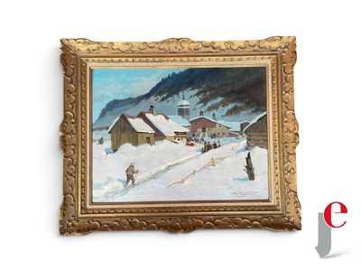 une image d'un tableau représentant un village dans la neige