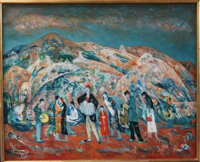 an oil painting of a group of people standing in front of a mountain