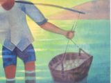 a painting of a boy holding a bucket and a fishing rod