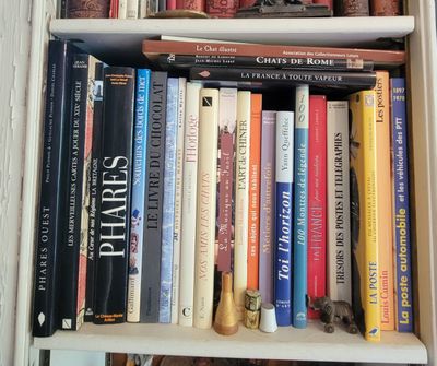 many books that are on a shelf in the room