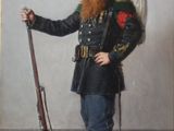 painting of a man in uniform holding a rifle and a bag