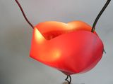 une lampe rouge en forme de cœur suspendue à un fil