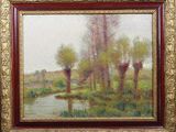 l'image d'une peinture représentant une rivière avec des arbres en arrière-plan