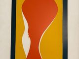 an image of a painting of a woman ' s face in a red and yellow frame