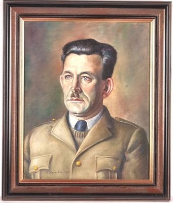 painting of a man in a military uniform in a brown frame