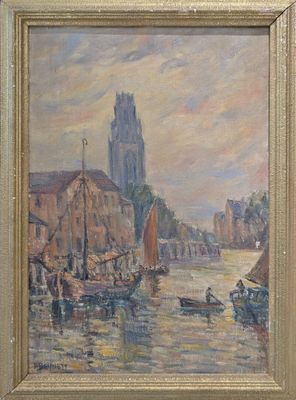 tableau représentant une scène fluviale avec des bateaux et une église en arrière-plan