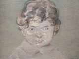 painting of a young girl with curly hair and a pink dress