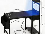 a black desk with a blue top and a black shelf