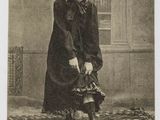 an old photo of a woman in a long dress holding a cane