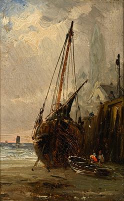 une image représentant un tableau où l'on voit un bateau sur la plage