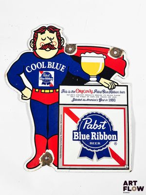 a sticker of a man holding a beer and a can