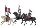 five figurines of men riding horses and holding flags
