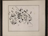 a black and white drawing of a group of birds flying in the sky