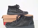 men ' s black leather high top sneakers with black laces