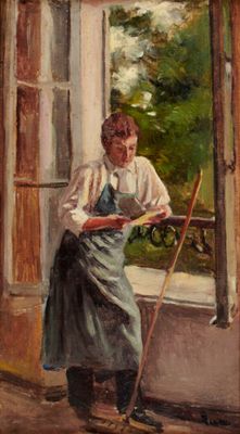 tableau représentant une femme appuyée sur le rebord d'une fenêtre, en train de lire un livre
