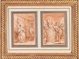 a pair of two framed engravings of figures in an interior
