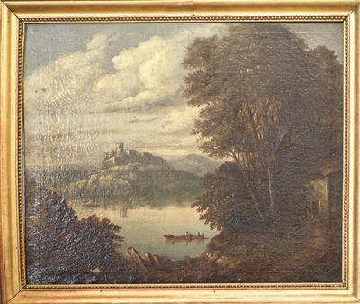 une peinture à l'huile représentant un paysage fluvial avec un château au loin