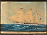 an old painting of a ship in the ocean with a lighthouse in the background