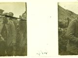 two old black and white photos of men standing in front of a mountain