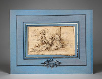 a blue picture frame with a drawing of a man and a woman