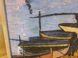 a painting of a man sitting on a bench next to a boat