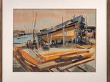 an image of a painting of a boat docked at a dock