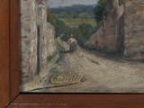 a painting of a man riding a horse down a road