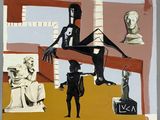 an image of a painting of a man sitting on a ledge