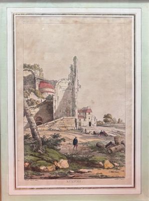 une vieille peinture représentant un homme marchant sur un chemin de terre près d'un bâtiment
