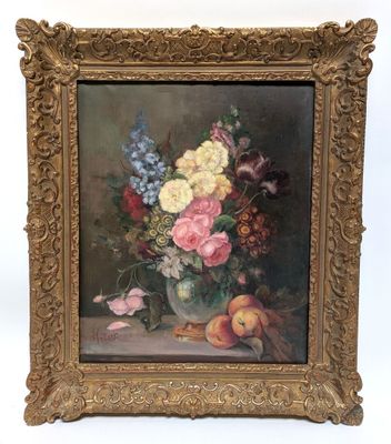 painting of a still life of flowers in a vase with peaches and grapes