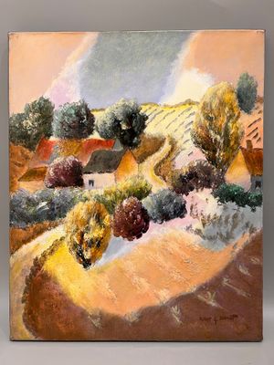 peinture représentant un tableau représentant un paysage avec des arbres et une maison