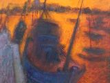 peinture représentant une peinture d'un bateau sur une plage au coucher du soleil