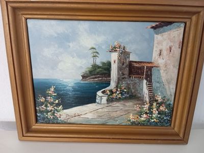 tableau représentant une maison au bord de la mer avec des fleurs sur le mur