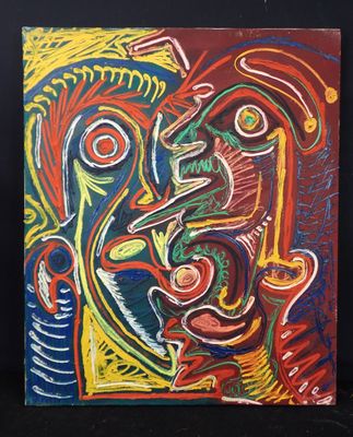 une peinture abstraite représentant le visage d'un homme sur fond noir