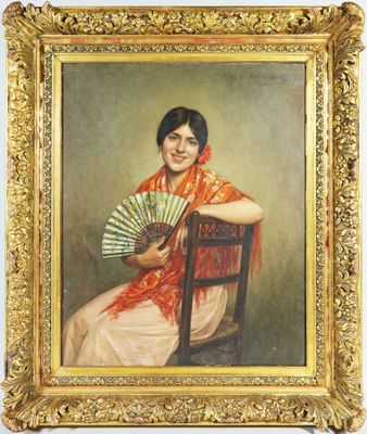 un tableau représentant une femme assise sur une chaise, tenant un éventail