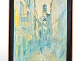 an oil painting of a man walking down a street in a city
