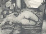 a black and white drawing of a woman laying on a chair