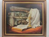 an oil painting of a book and a candle on a table