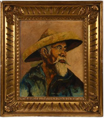 un tableau représentant un homme portant un chapeau de paille et une chemise bleue