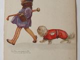 a drawing of a little girl walking a dog