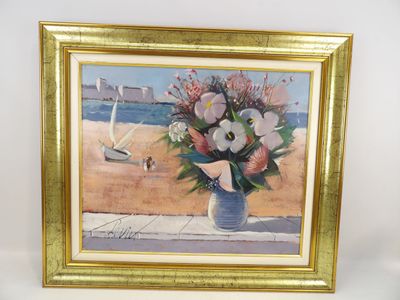 une peinture de fleurs dans un vase sur une table
