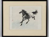 tableau représentant un cheval noir et blanc galopant dans la neige