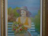un tableau représentant une femme assise sur un banc avec un bouquet de fleurs