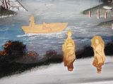 painting of three people in a boat on a body of water with a boat in the background