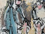 a painting of a man riding a horse with a woman and a child