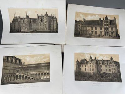 trois vieilles photos en noir et blanc d'un château doté d'une tour horloge