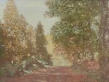 peinture représentant un chemin de terre dans une zone boisée, avec des arbres