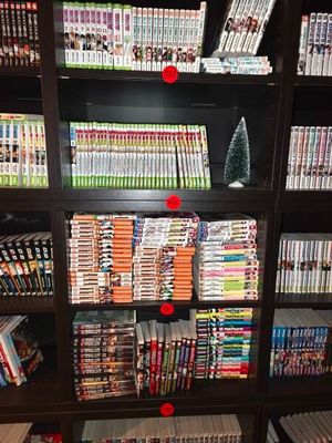 a large bookcase filled with many dvds and movies