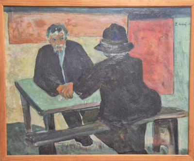 un tableau représentant deux hommes assis à une table en train de se serrer la main