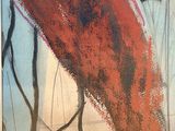 abstract painting of a red bird on a branch with a blue sky in the background